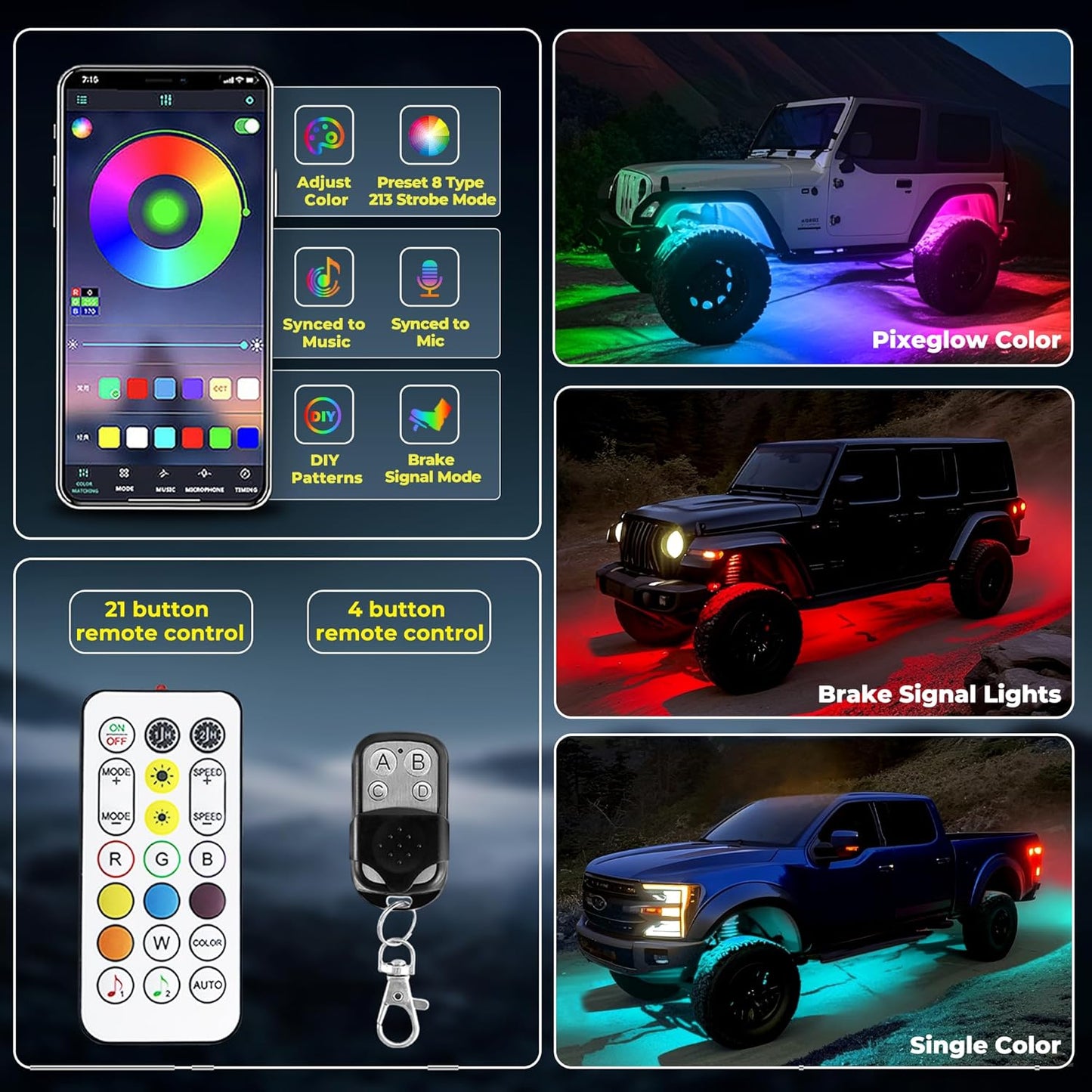 12 Pods 252 LEDs 5 Sides RGB Rock Lights, App/2 Remote Control Rock Lights for Trucks, Waterproof Multi-Color Bright Underglow Kits with Music Mode, Compatible with 12V Jeep UTV SUV ATV Golf RZR