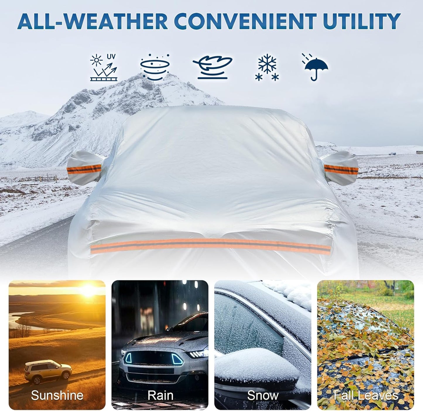 KEYOOG 6-Layer Full Car Cover is All-Weather Waterproof, Fit for 197"-207" Length Sedan, Universal in All Seasons, Snow Prevention, Rainproof, Acid Rainproof, Sunscreen, Orange Reflective Strip