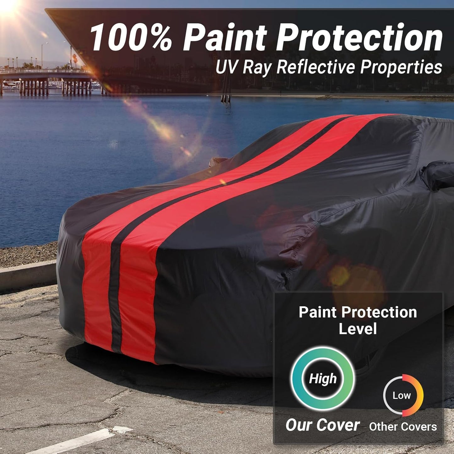iCarCover Custom Car Cover for Buick Allure (2005-2010) Waterproof All-Weather Rain Snow UV Sun Protector Full Exterior Indoor Outdoor Car Cover (Stripe - Black/Red)