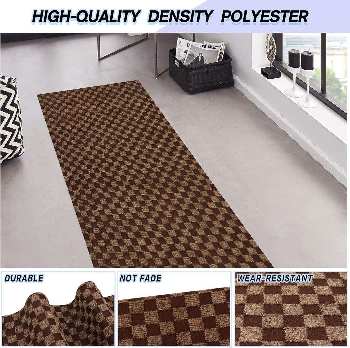 Custom Size Backed Non-Slip Area Rugs Runner, Easy Clean, Waterproof Runner Rugs for Hallway Entryway, Kitchen, Laundry, 3FT x 48FT, Brown Checkered