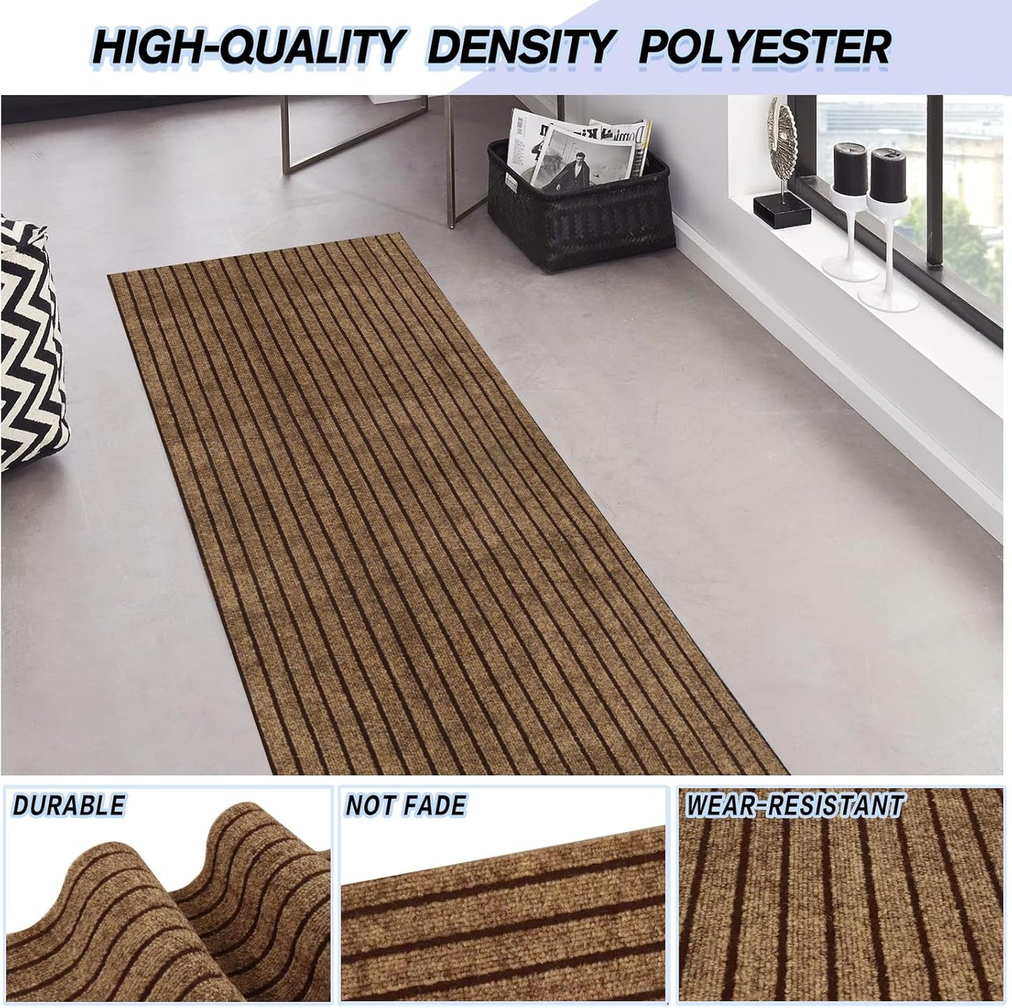 Custom Size Backed Non-Slip Area Rugs Runner, Easy Clean, Waterproof Runner Rugs for Hallway Entryway, Kitchen, Laundry, 2FT x 49FT, Brown Stripe