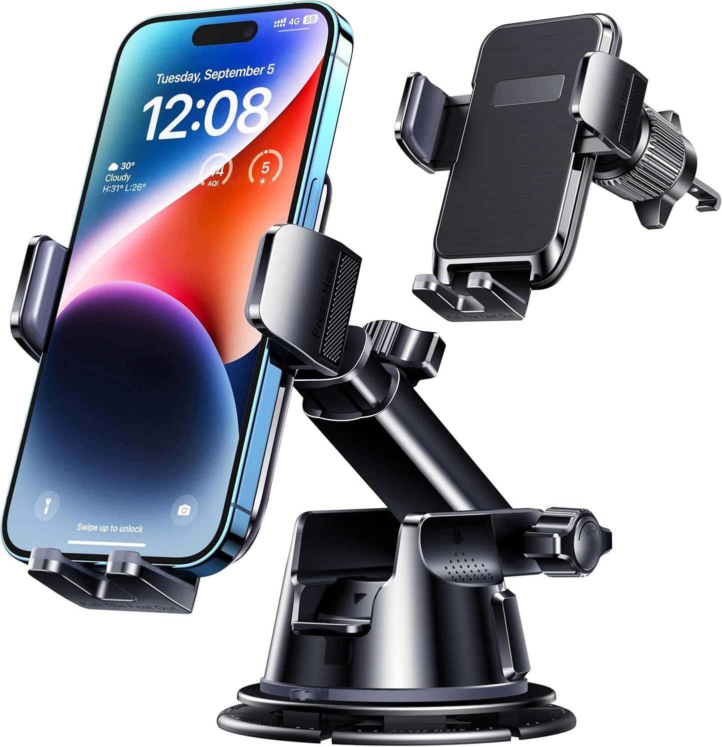 Car Phone Holder Mount, [Military-Grade Suction & Super Sturdy Base] 3 in 1 Universal Phone Mount for Car Dashboard Windshield Air Vent Car Mount for iPhone Android Smartphone GPS Navigator