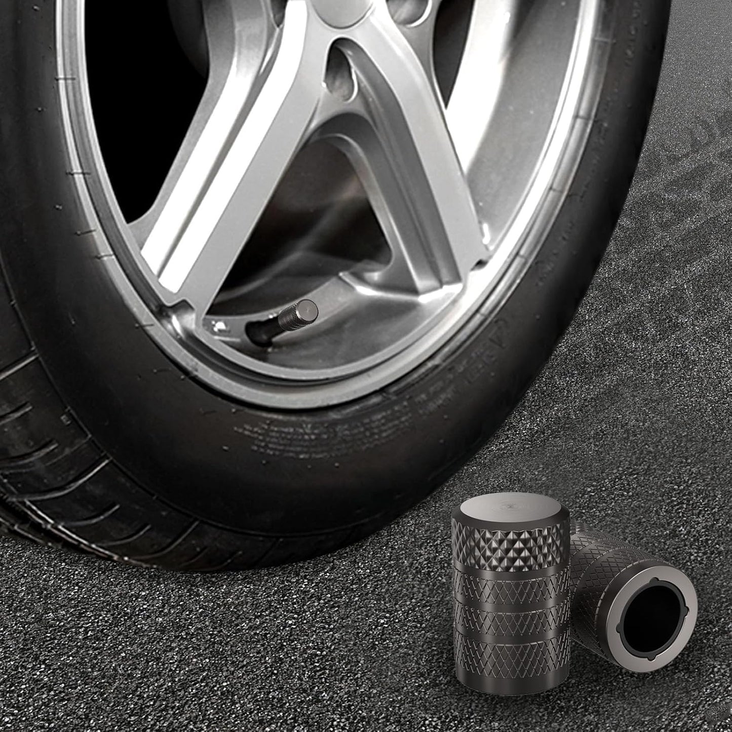 CKAuto Tire Valve Stem Caps, Grey, 4 pcs/Pack, Anodized Aluminum Tire Valve Cap Set, Corrosion Resistant, Universal Stem Covers for Cars Trucks Motorcycles SUVs and Bikes