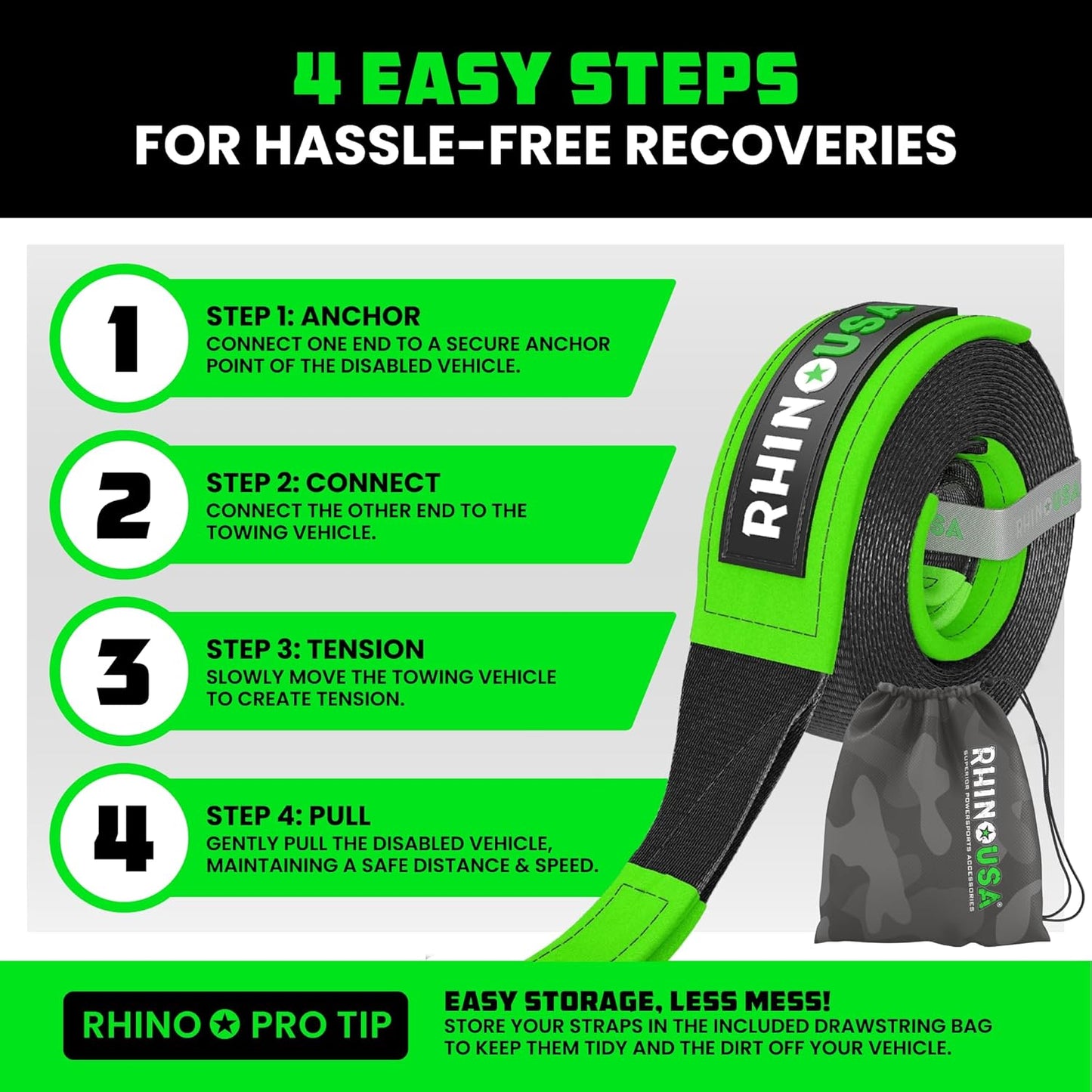 Rhino USA Recovery Tow Strap (2" x 20') - 20,024lb Break Strength - Emergency Recovery Strap Tow Rope for UTV, ATV & More - Heavy Duty Towing Strap for Offroad 4x4 Use - Compatible with RZR and Can-Am