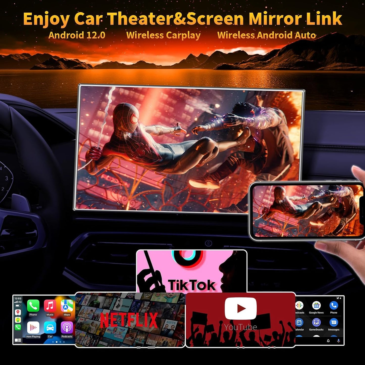 4-in-1 Carplay Ai Box,Wireless CarPlay & Android Auto Adapter,Compatible with N-etflix/YouTube/TIK Tok/Screen Mirror Link/TF Card,Suitable for Cars Equipped with OEM Wired CarPlay,Plug & Play