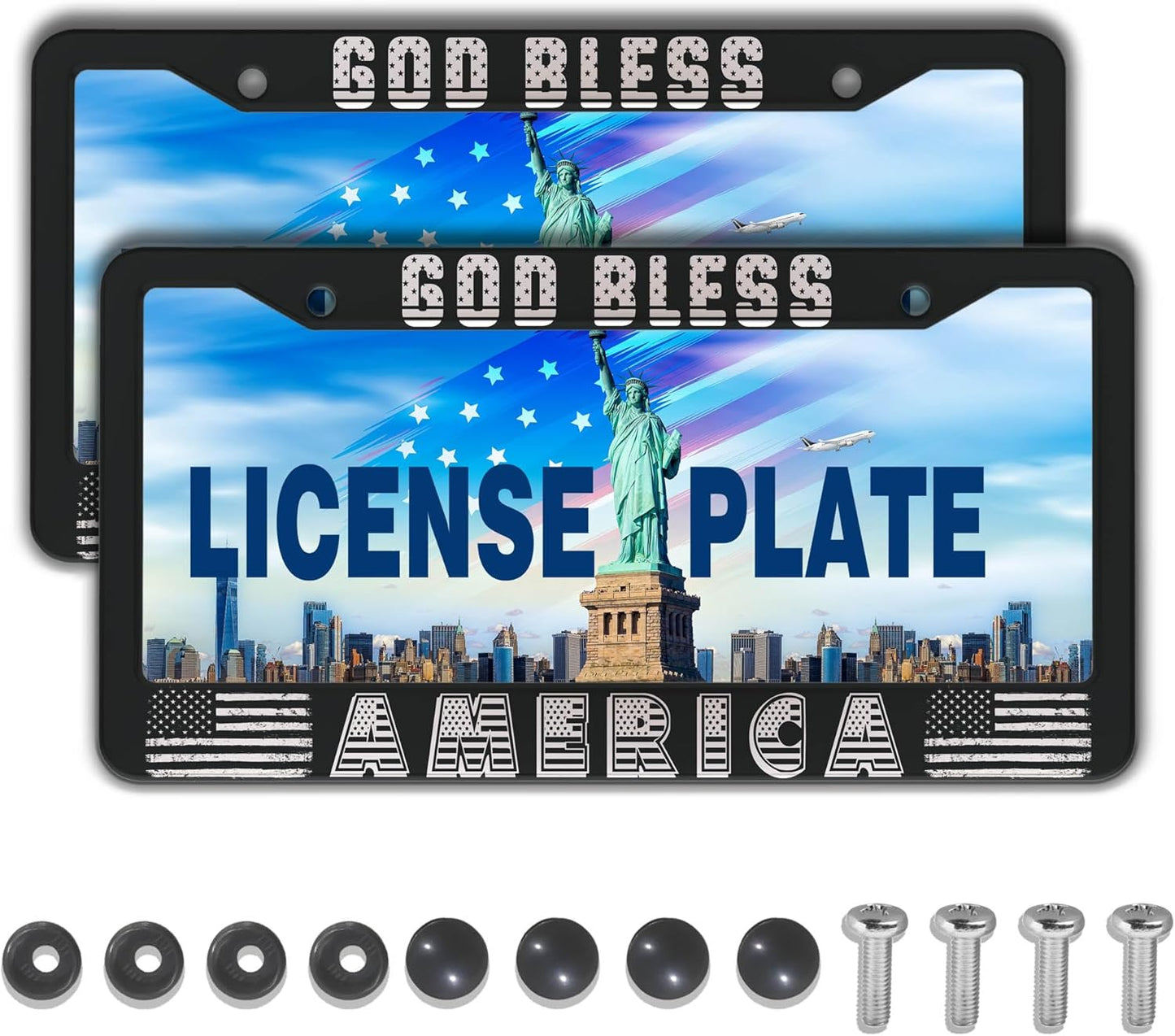 License Plate Frames Black and White License Plate Frame God Bless America Aluminum Metal Car Accessory 2 Pack with Screw Covers Set