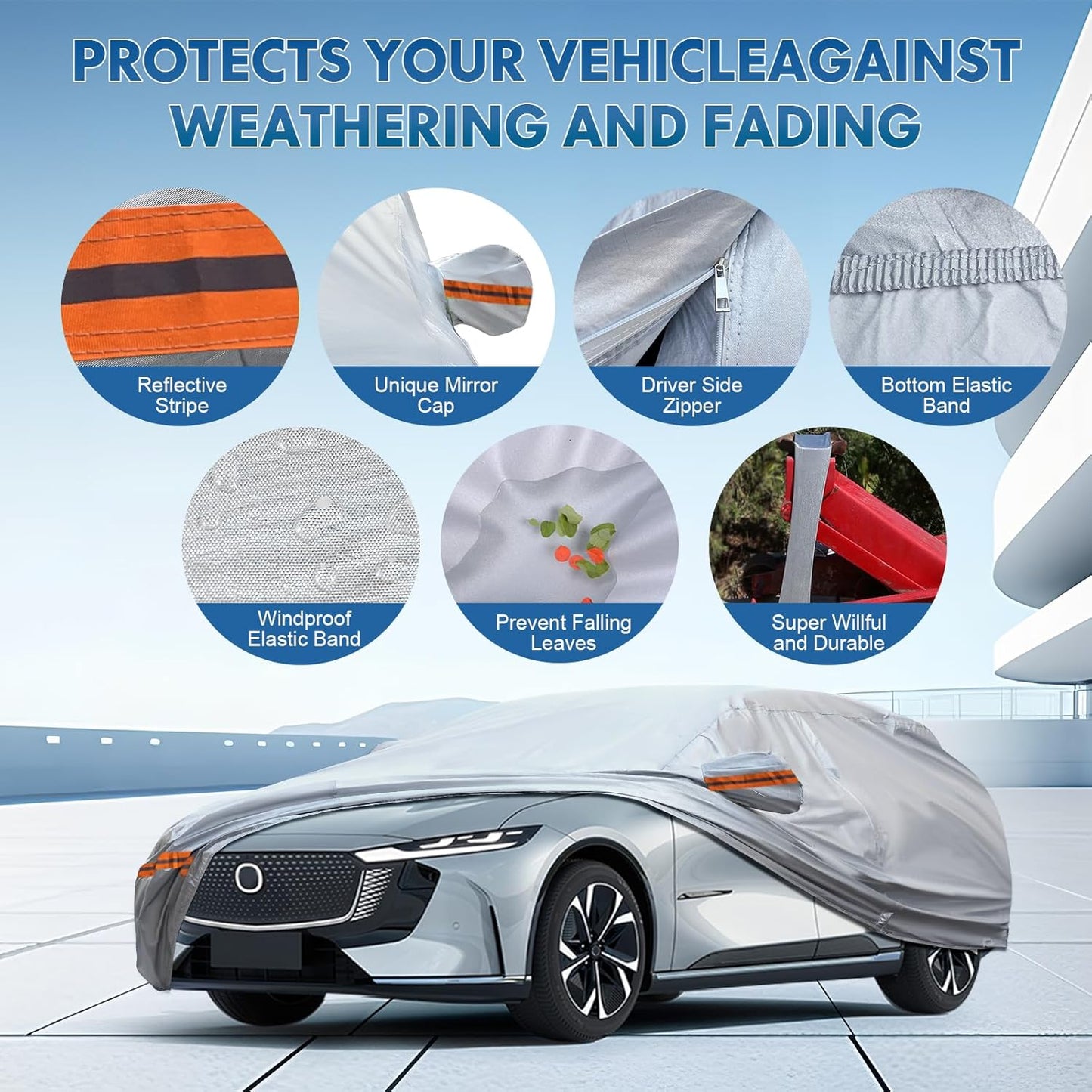 KEYOOG 6-Layer Full Car Cover is All-Weather Waterproof, Fit for 197"-207" Length Sedan, Universal in All Seasons, Snow Prevention, Rainproof, Acid Rainproof, Sunscreen, Orange Reflective Strip