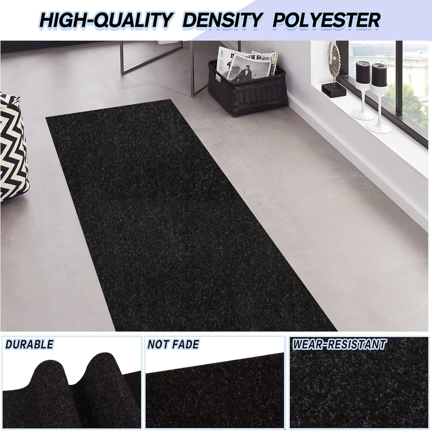 Custom Size Backed Non-Slip Area Rugs Runner, Easy Clean, Waterproof Runner Rugs for Hallway Entryway, Kitchen, Laundry, 4FT x 19FT, Black