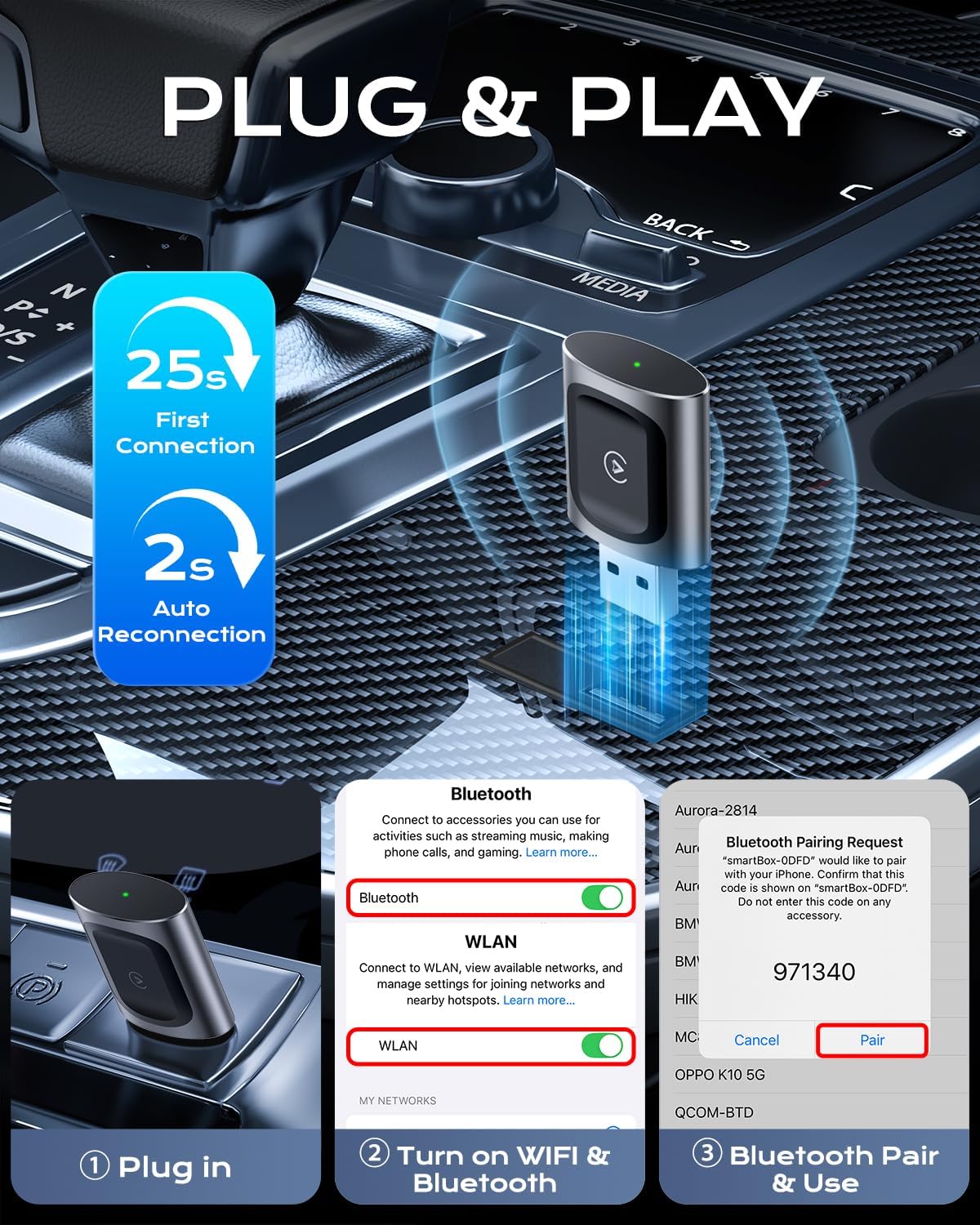 AuroraLink Wireless Carplay & Android Auto Adapter 2-in-1 Stable & No Delay Carplay Wireless Adapter Convert Wired to Wireless Car Play Dongle for iOS 10+/Android 11+ (Grey)