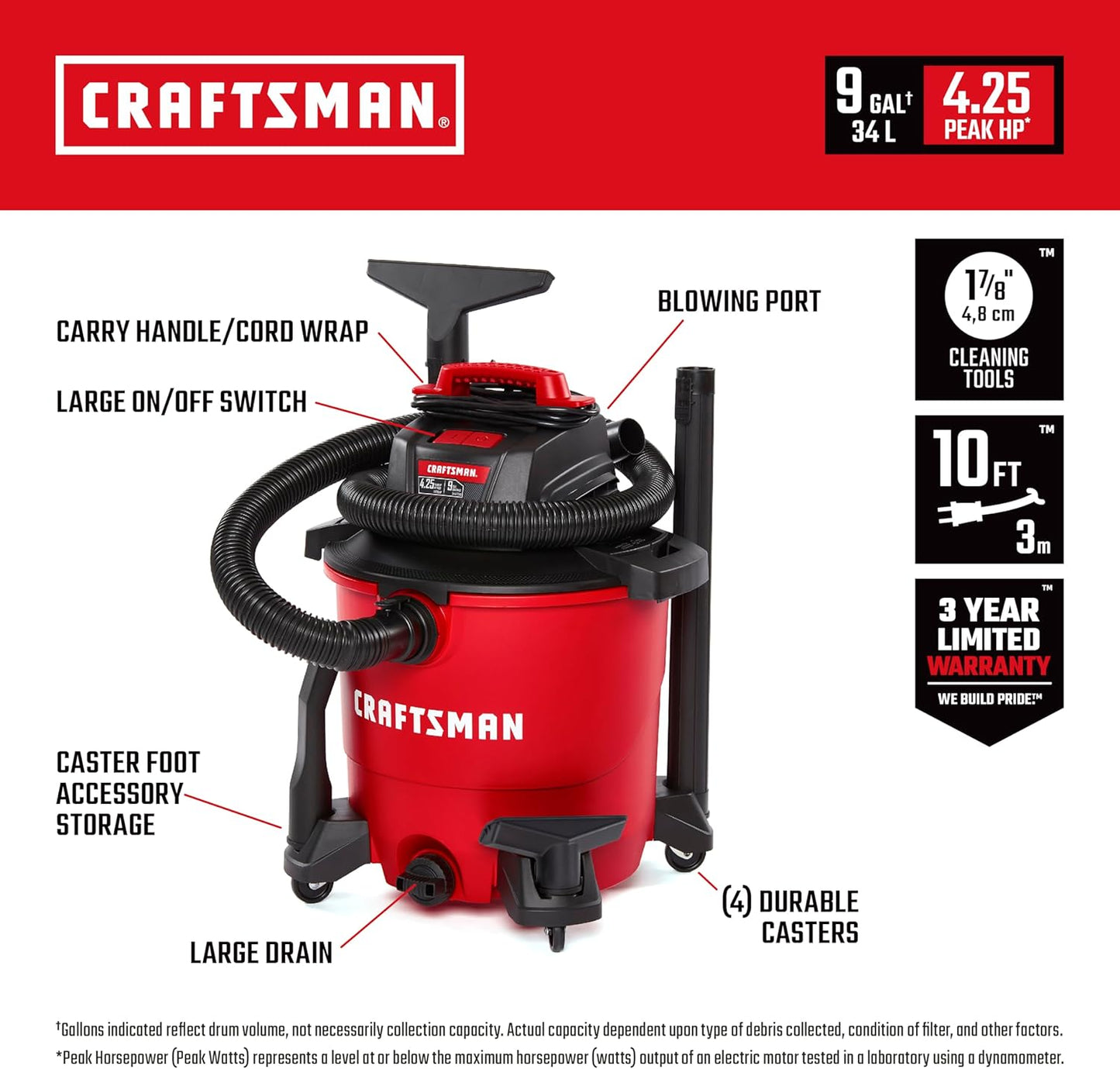 CRAFTSMAN CMXEVBE17590 9 Gallon 4.25 Peak HP Wet Dry Vac, Portable Shop Vacuum Wet and Dry with Filter, Dust Bag, Hose, Car Cleaning Kit and Micro Cleaning Kit for Home and Garage Cleaning