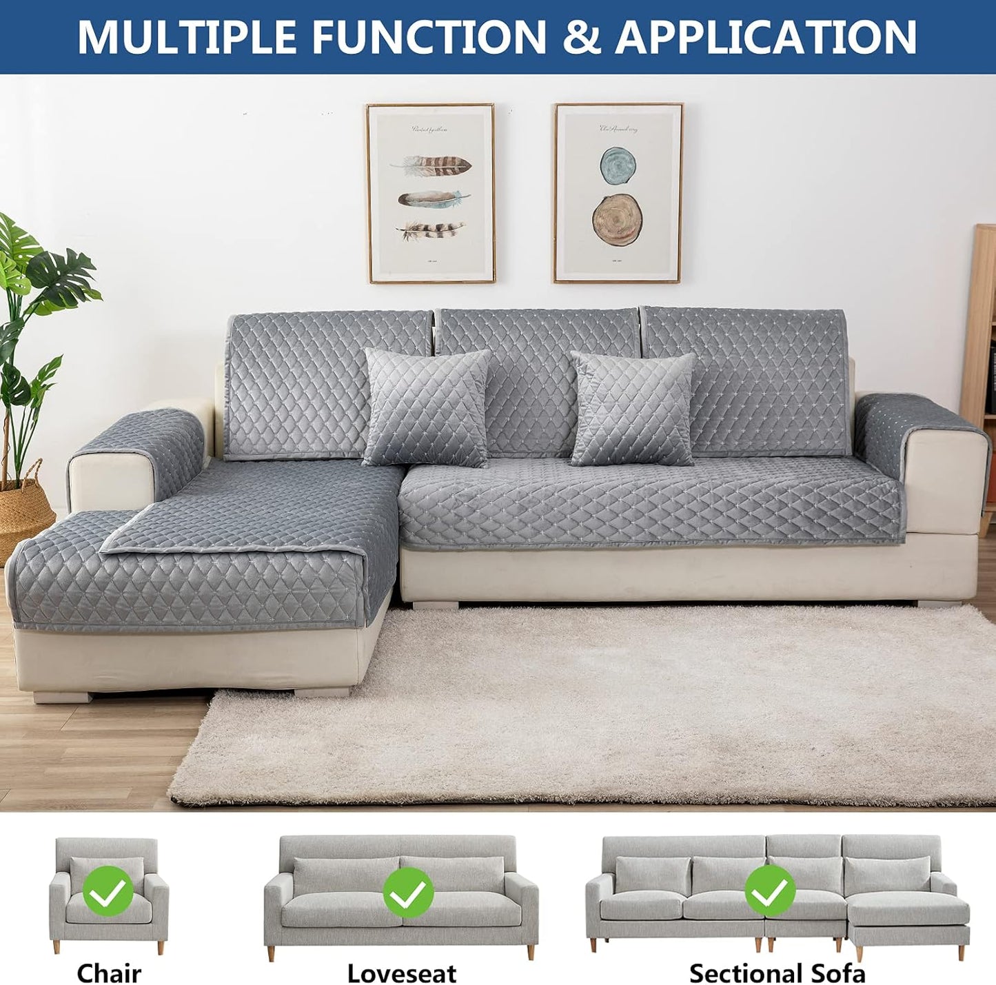 Eismodra Couch Cover,Sectional Couch Covers,Sofa Covers for 3 Cushion Couch,Anti-Slip Sofa Slipcovers for Dogs Cats Kids Loveseat Recliner L Shaped Armrest,Light Gray 43''x63''(Only 1 Piece)
