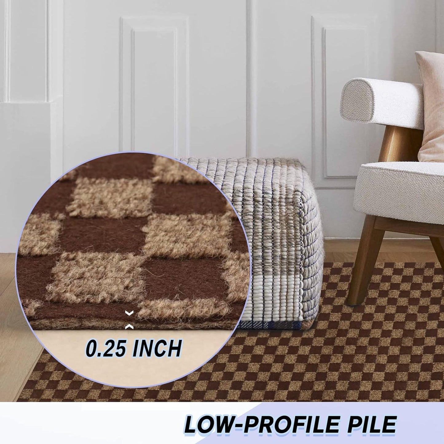 Custom Size Backed Non-Slip Area Rugs Runner, Easy Clean, Waterproof Runner Rugs for Hallway Entryway, Kitchen, Laundry, 3FT x 23FT, Brown Checkered