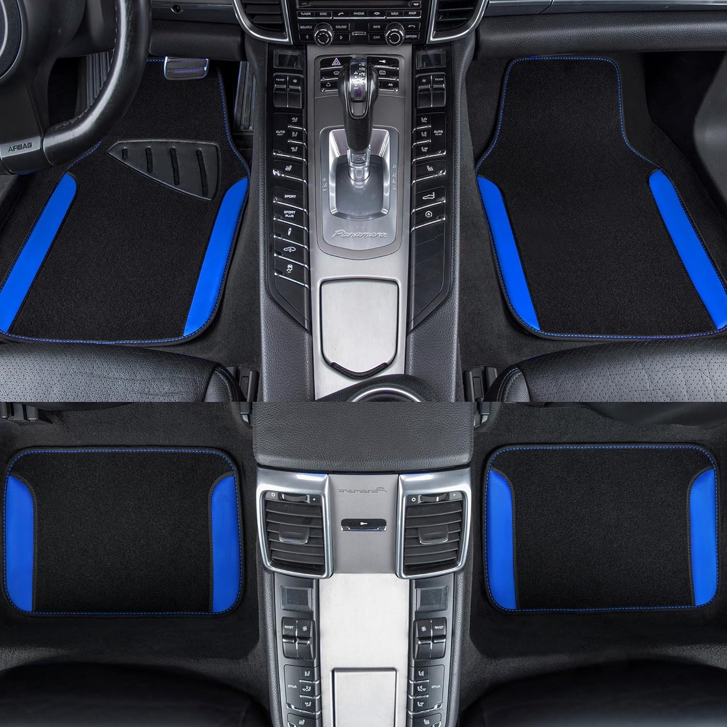 CAR PASS Rainbow Waterproof Universal Fit Faux Leather Car Carpet- Anti-Slip Nibbed Backing Floor Mats for SUV, Vans, Sedans, Trucks, Automotive Set of 4pcs (Black with Blue)