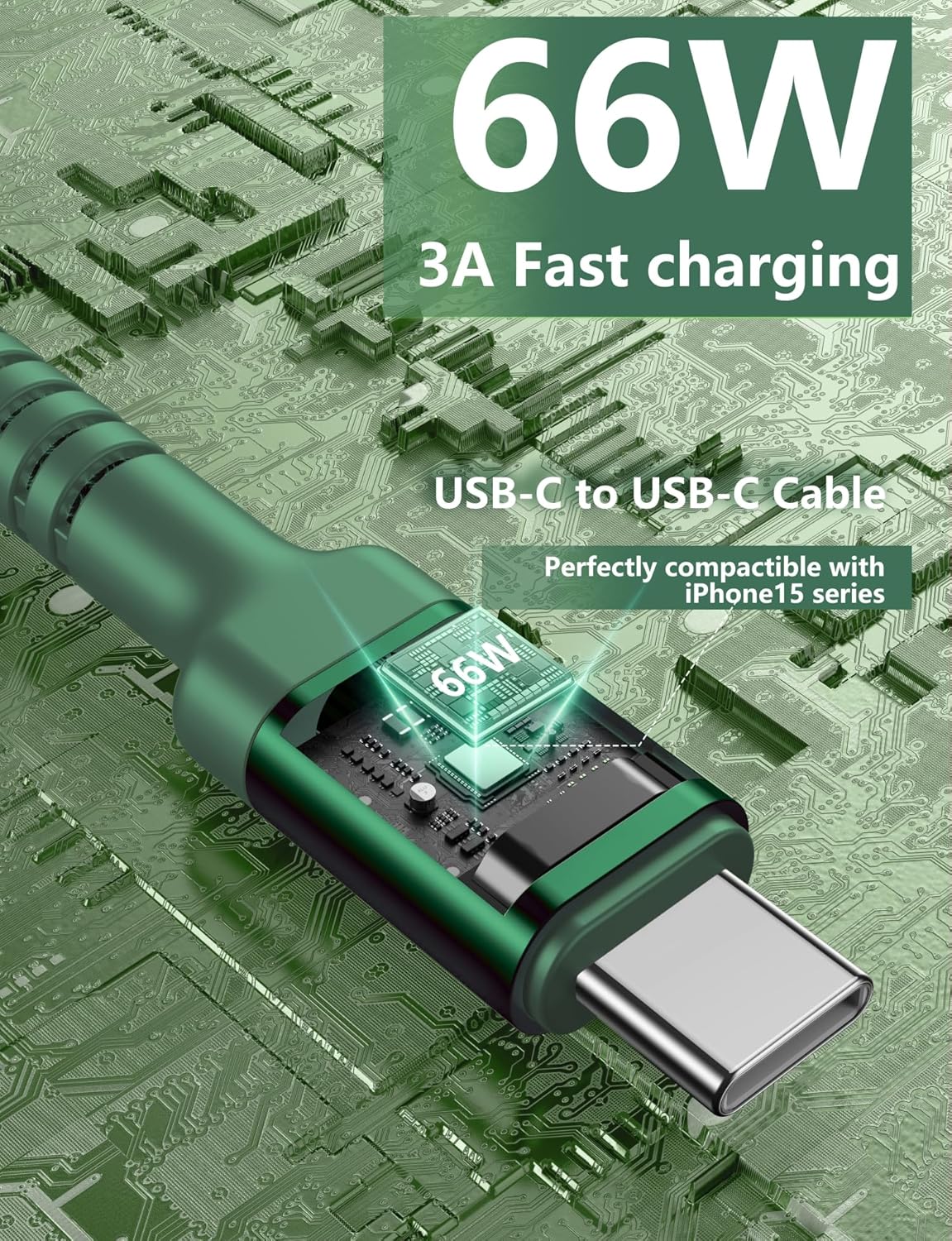 USB C Cable Fast Charging 10FT, 2Pack USBC to USBC Cable, iPhone 16 15 Charger Long Type C Nylon Braided USB-C Charger Cord for iPhone 16/15/Pro Max/Plus/Samsung Galaxy S23/LG/Switch-Green