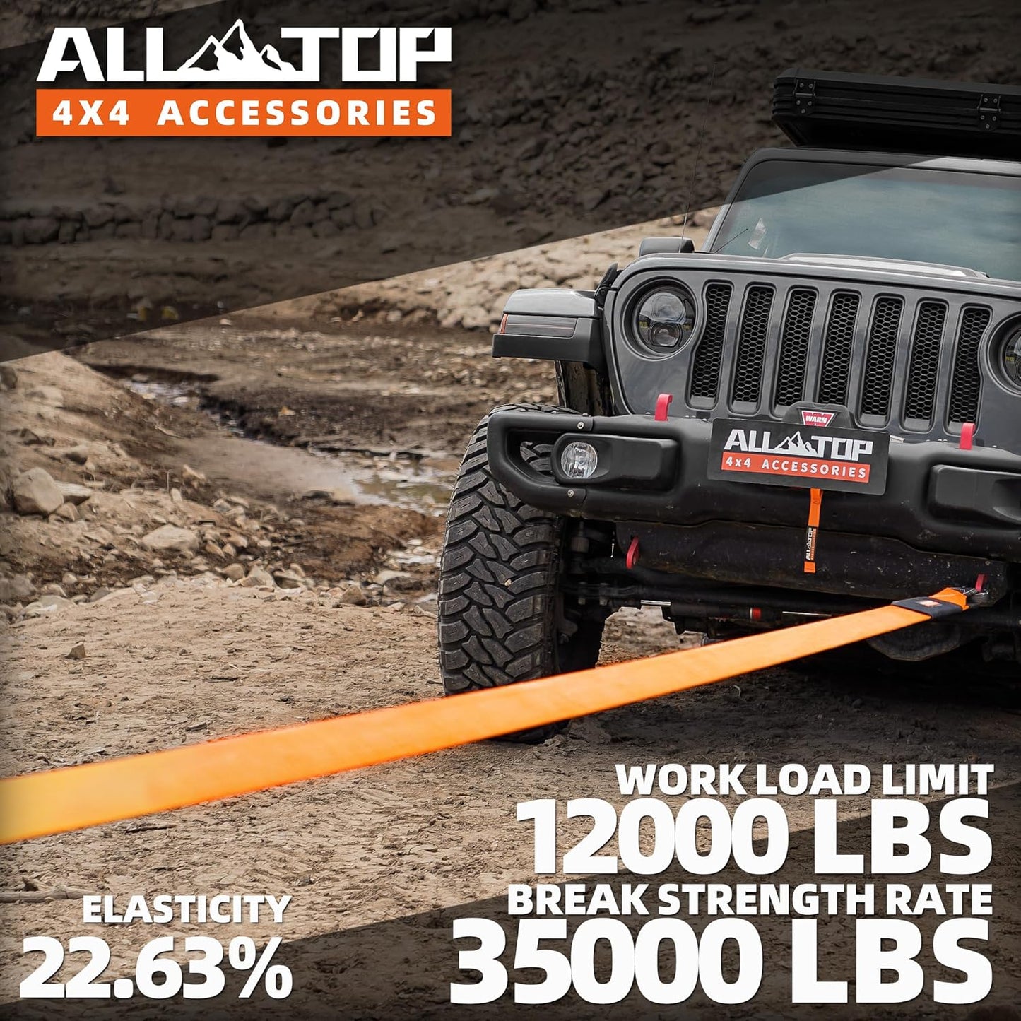 ALL-TOP Recovery Snatch Strap, 3in x 20ft - 35000Lbs, Heavy Duty 100% Nylon Kinetic Towing Recovery Strap with 22% Elongation & Reinforced Loops